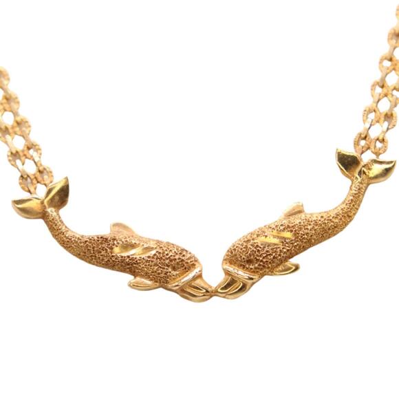 Aurafin 14kt Yellow Gold Kissing Dolphins Statement Collar Necklace 17